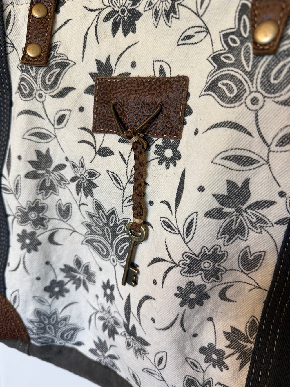 Myra Bag Black and Cream Floral Canvas Tote with Brown Trim - Picture 2 of 6